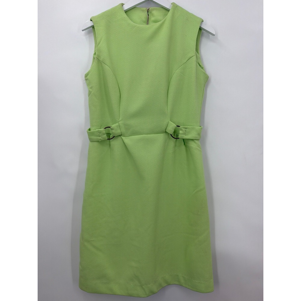 Vintage 60s Lime Green Mod Shift Dress Sleeveless O-Ring Waist Textured Crepe